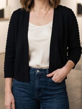 Tu Black Knit Open Cardigan with Textured Dot Detail